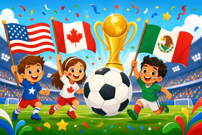 Kvíz MS vo futbale 2026 pre deti – futbalová lopta, trofej a vlajky USA, Kanady a Mexika