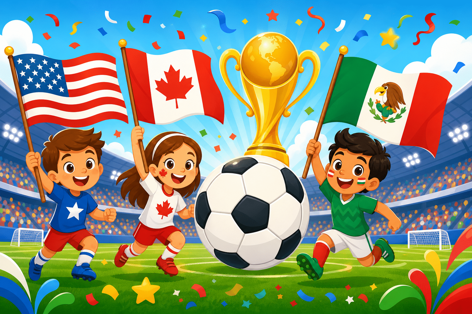 Kvíz o mistrovství světa ve fotbale 2026 pro děti – fotbalový míč, trofej a vlajky USA, Kanady a Mexika