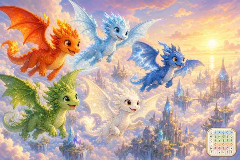 Osemsmerovka Dragonhaven — dračie mesto v oblakoch s malým symbolom písmenovej hádanky